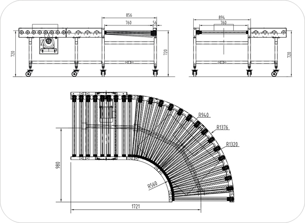 轉(zhuǎn)彎式滾筒輸送機示意圖 轉(zhuǎn)彎式滾筒輸送機示意圖
